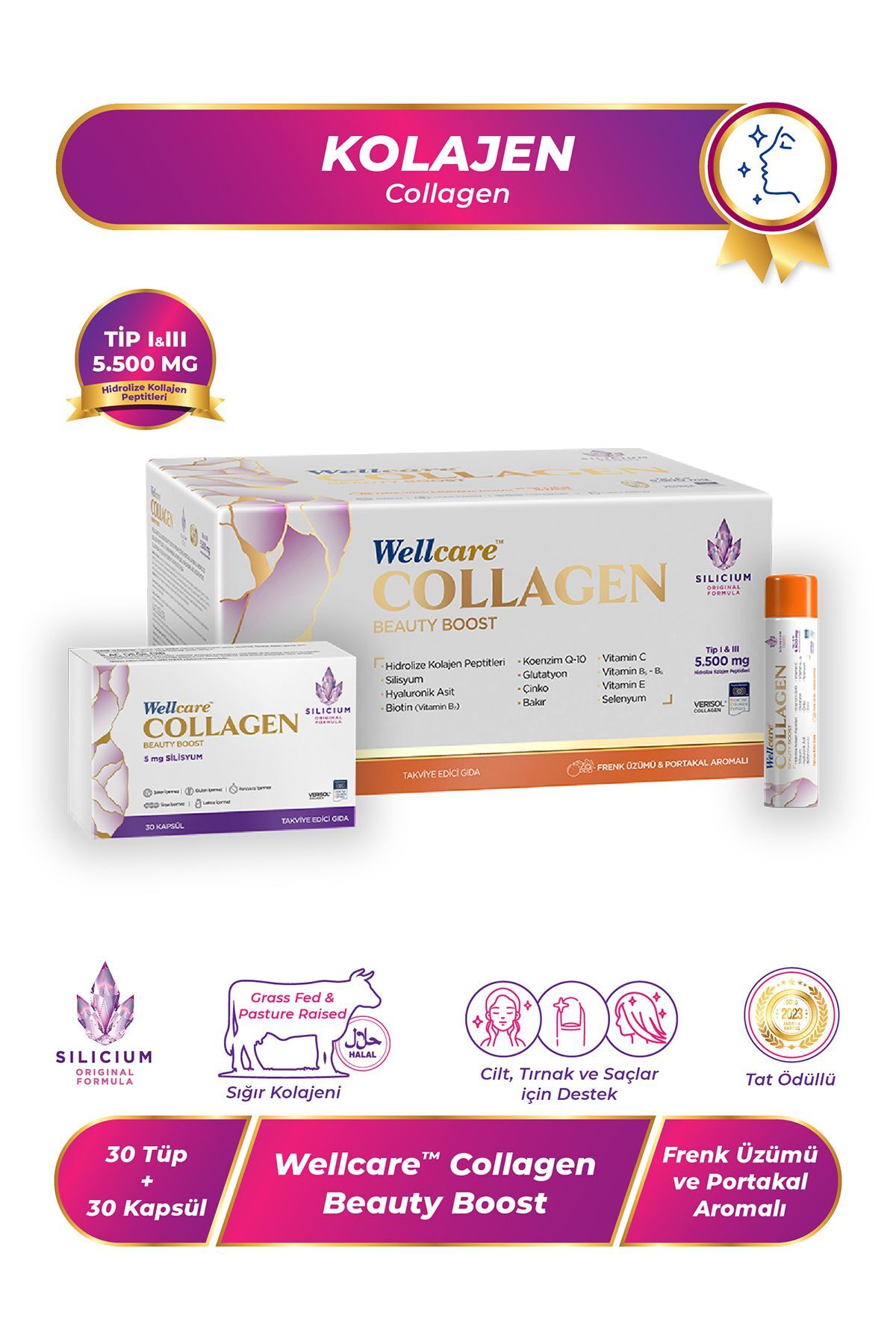 Wellcare Collagen Beauty Plus 5500 mg Frenk Üzümü & Portakal Likit 30 Tüp x 40 ml